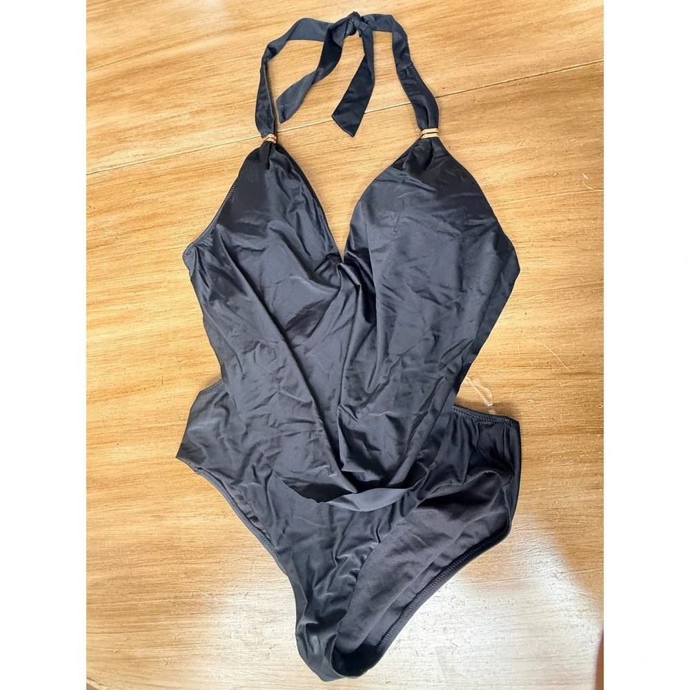 Bar III Womens Black Cowl Neck Halter One Piece Swimsuit Monokini Cutout Ruched